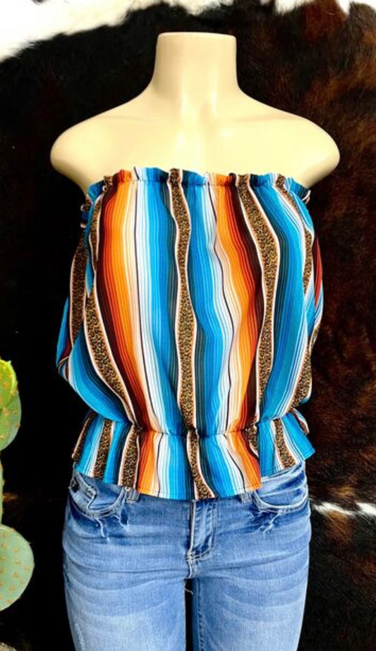 SERAPE LEOPARD GATHERED RUCHED STRAPLESS CROP TOP