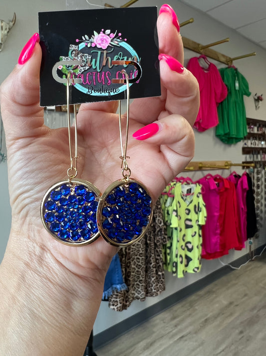 Copper Rhinestone Blue Coin Earrings