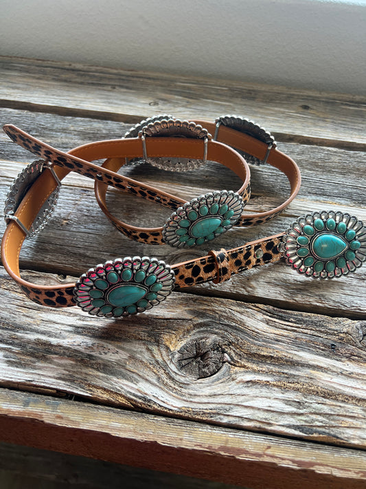 Leopard/turquoise, Leather Buckle Belt