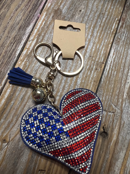 Heart Red,White,Blue Bling Keychains
